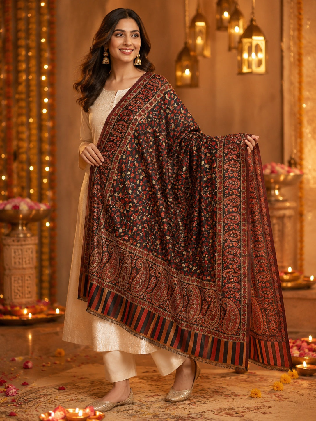 Weavers Villa Women’s Black Elegant Paisley Shawl | Soft & Stylish Wrap with Premium Gift Box Packaging