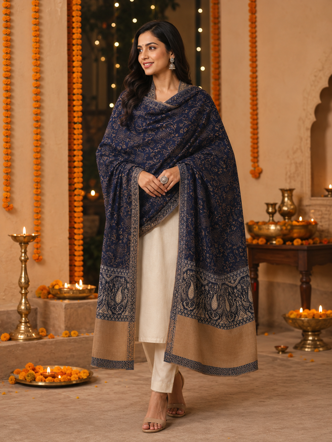 Weavers Villa Navy Blue Elegant Paisley Shawl | Soft & Stylish Wrap with Premium Gift Box Packaging