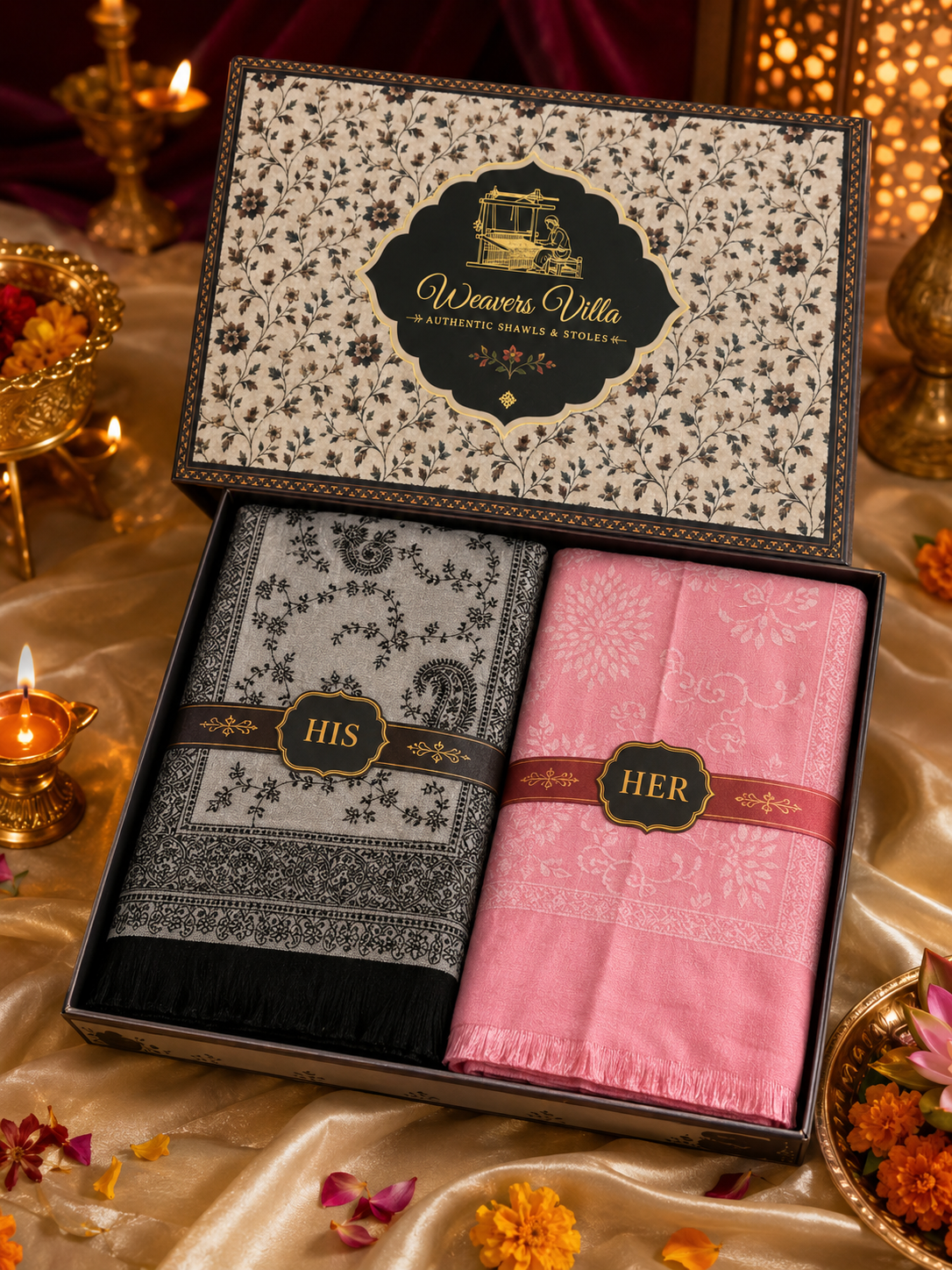 Weavers Villa His & Her Premium Stole Gift Box for Men & Women | Couple Stoles/Shawl/Wrap Set of 2 | Festive, Wedding, Anniversary & Special Occasion Gift