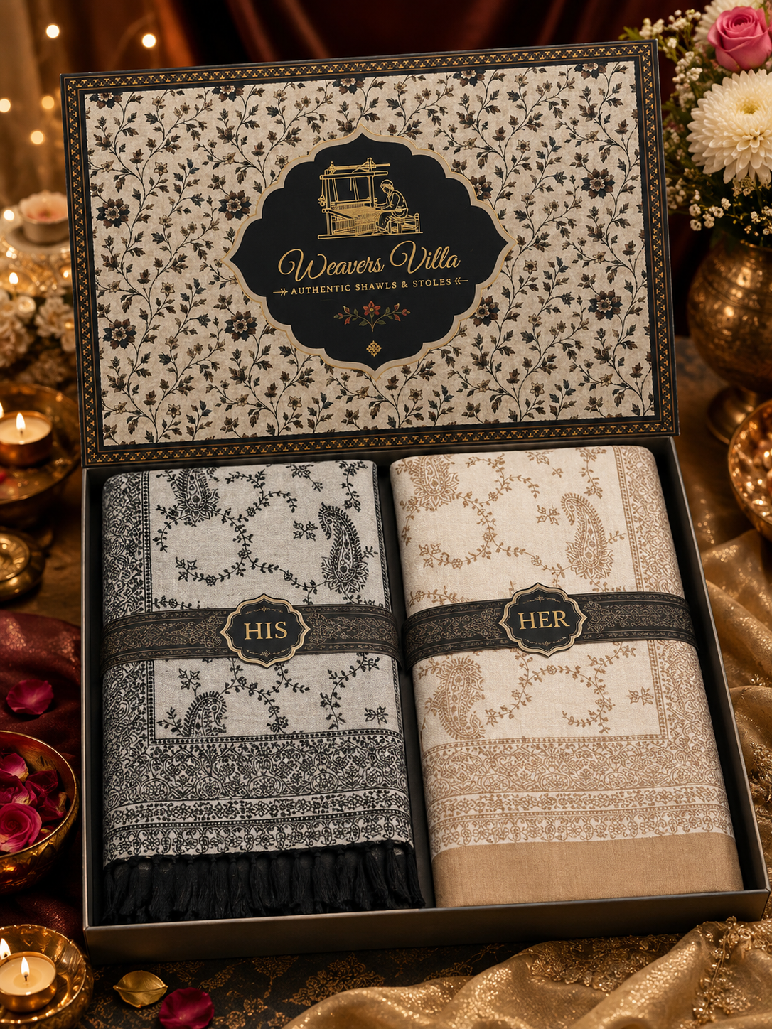 Weavers Villa His & Her Premium Stole Gift Box for Men & Women | Couple Stoles/Shawl/Wrap Set of 2 | Festive, Wedding, Anniversary & Special Occasion Gift