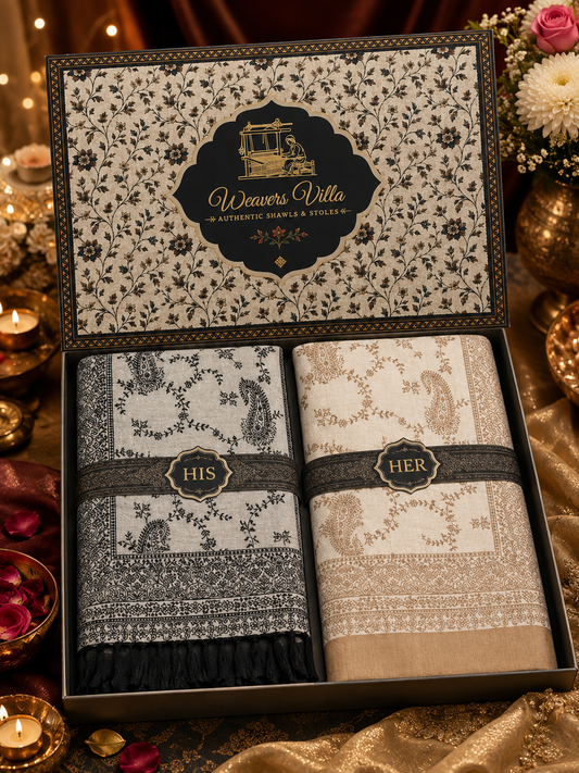Weavers Villa His & Her Premium Stole Gift Box for Men & Women | Couple Stoles/Shawl/Wrap Set of 2 | Festive, Wedding, Anniversary & Special Occasion Gift