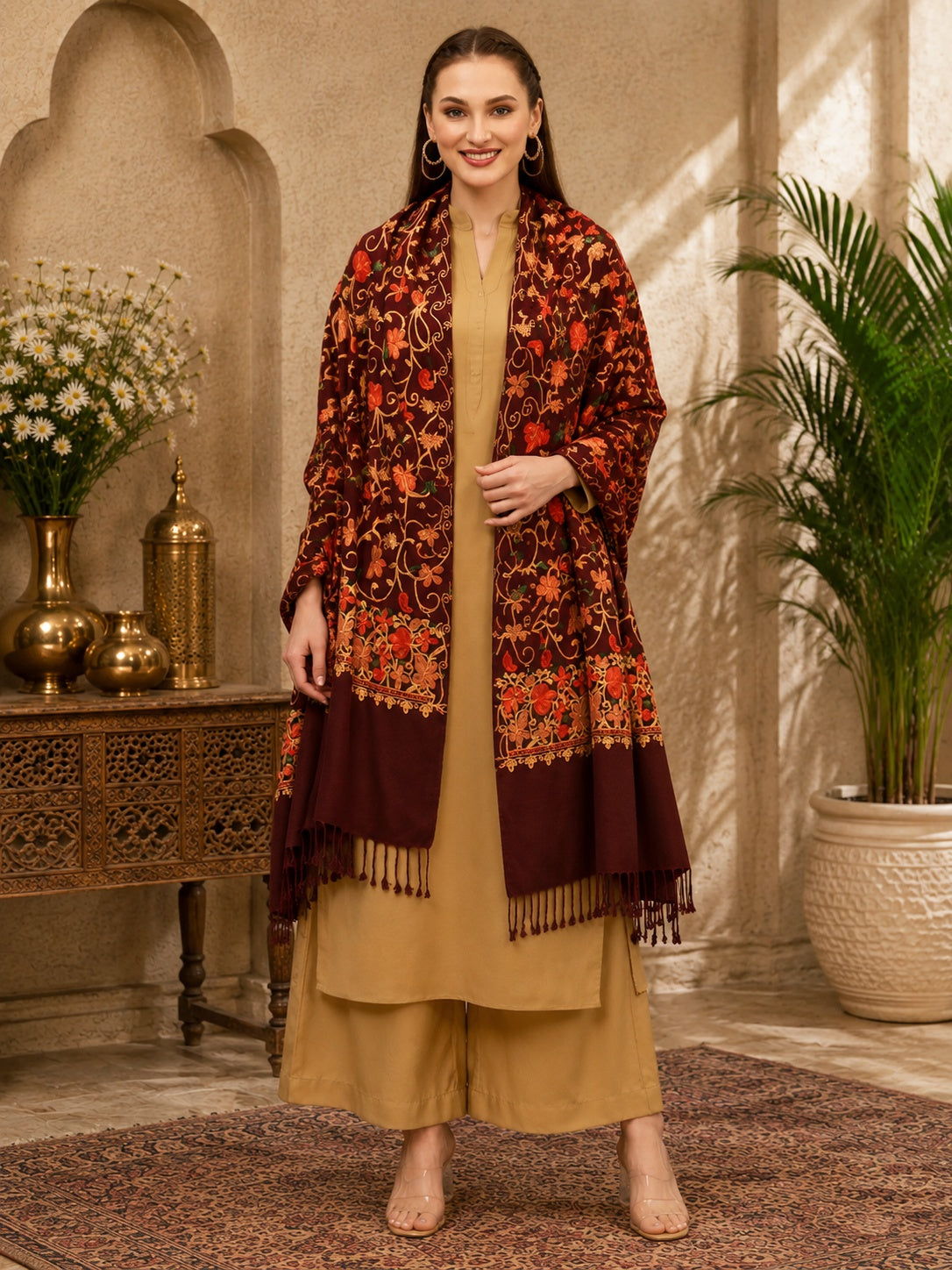 Weavers Villa Designer Acrylic Kashmiri Shawl Embroidery Stole, 70cm x 200cm