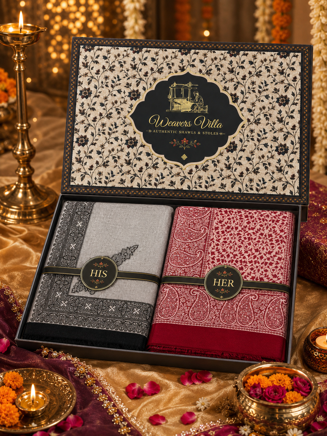 Weavers Villa His & Her Premium Stole Gift Box for Men & Women | Couple Stoles/Shawl/Wrap Set of 2 | Festive, Wedding, Anniversary & Special Occasion Gift