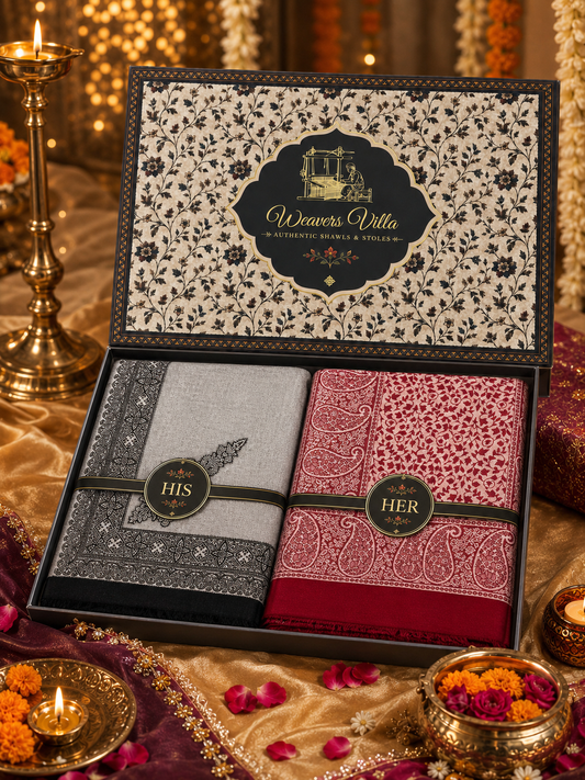 Weavers Villa His & Her Premium Stole Gift Box for Men & Women | Couple Stoles/Shawl/Wrap Set of 2 | Festive, Wedding, Anniversary & Special Occasion Gift