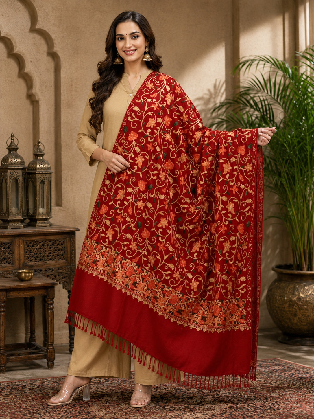 Weavers Villa Designer Acrylic Kashmiri Shawl Embroidery Stole, 70cm x 200cm