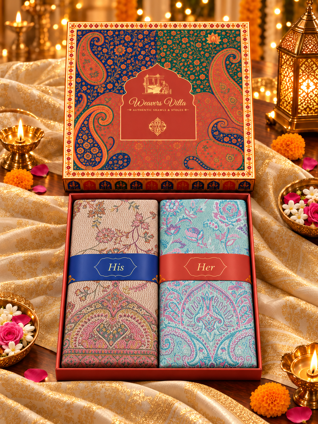Beige and Pista Paisley Shawl Gift Box Set For Men & Women