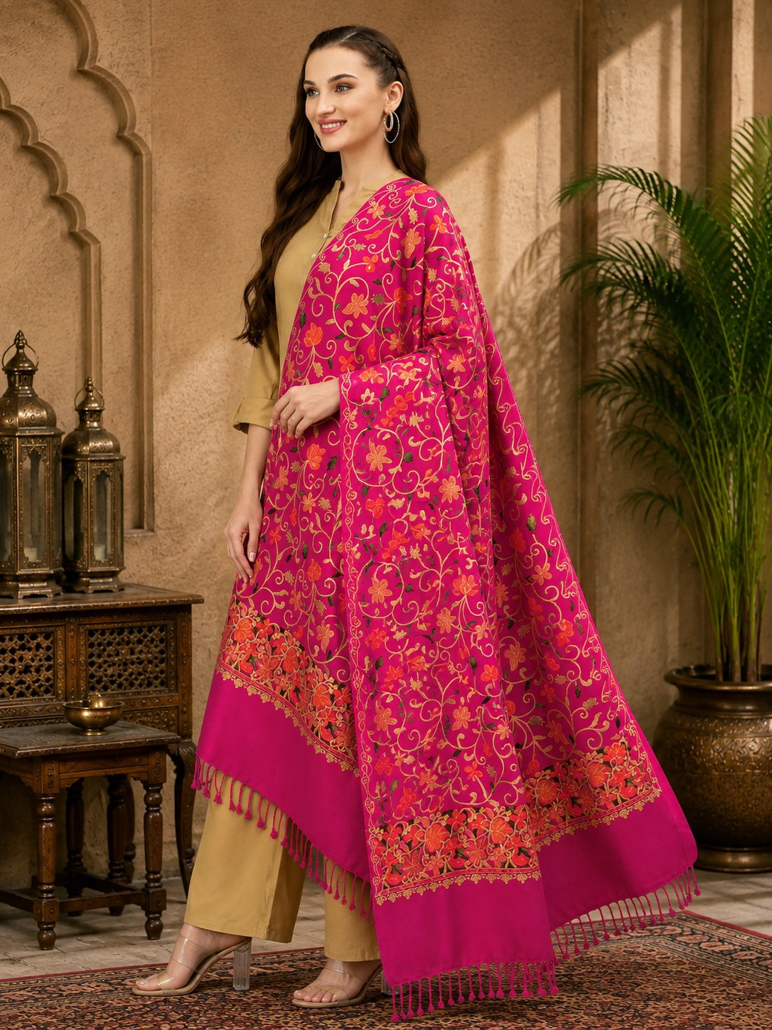 Weavers Villa Designer Acrylic Kashmiri Shawl Embroidery Stole, 70cm x 200cm