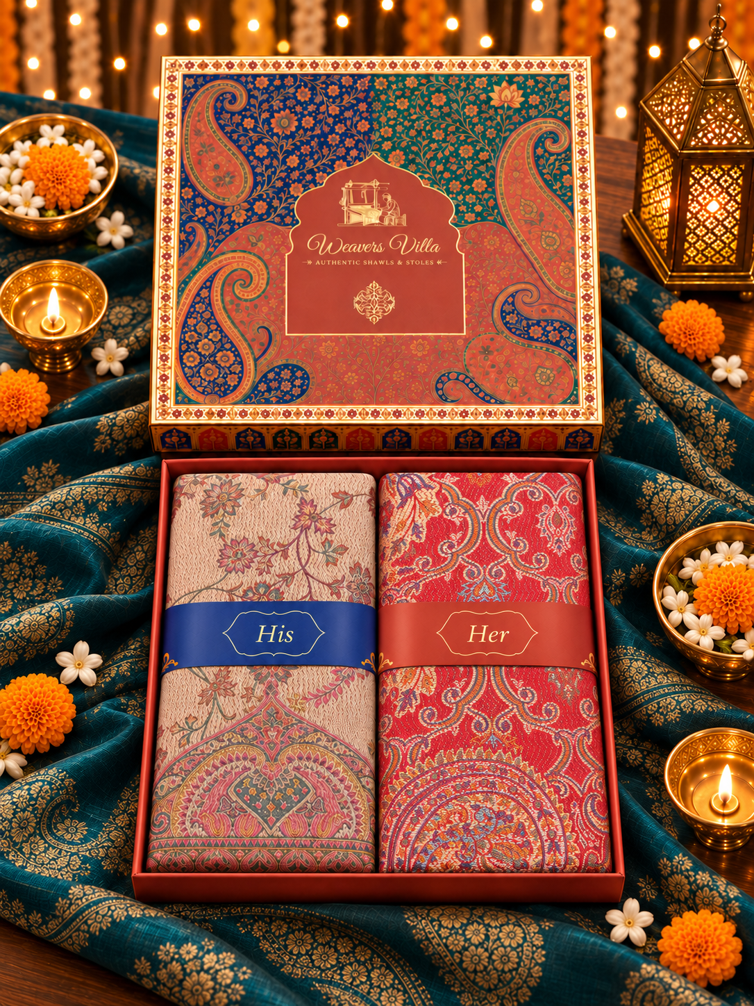 Beige and Red Paisley Shawl Gift Box Set For Men & Women