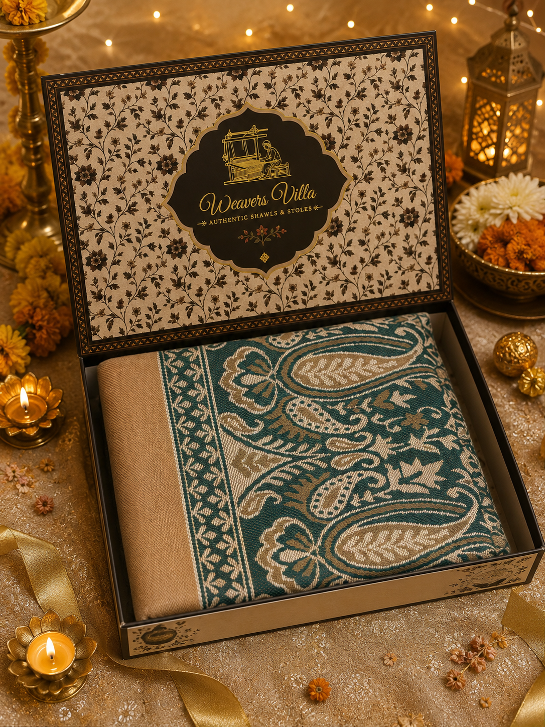 Weavers Villa Green Elegant Paisley Shawl | Soft & Stylish Wrap with Premium Gift Box Packaging