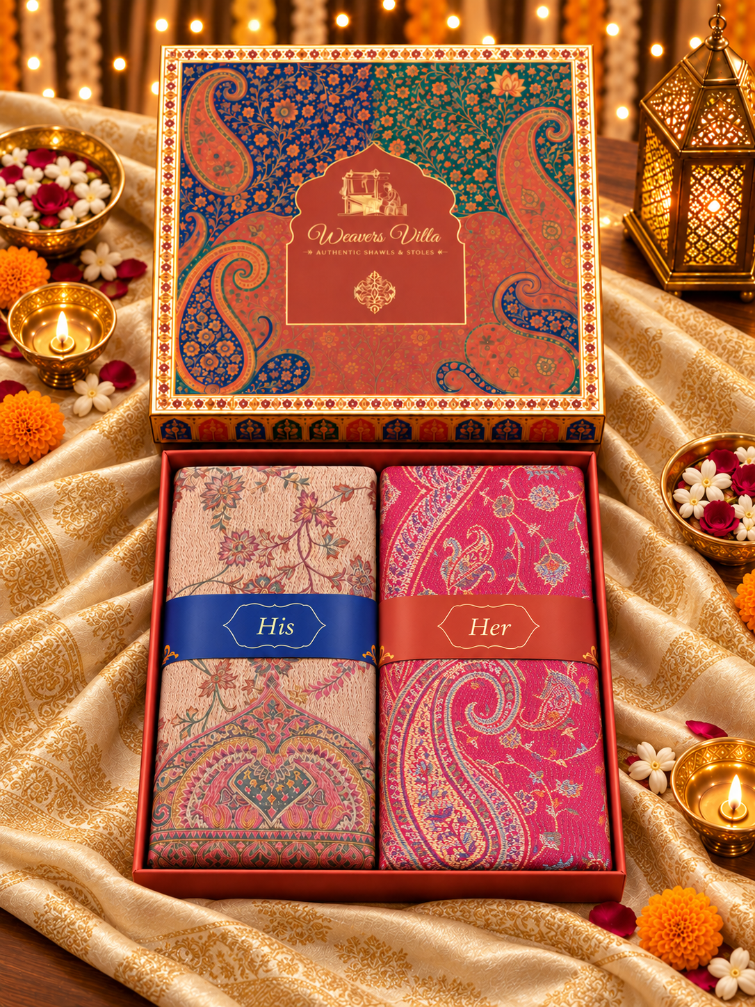 Beige and Rose Paisley Shawl Gift Box Set For Men & Women