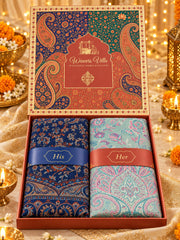 Navy Blue and Pista Paisley Shawl Gift Box Set For Men & Women