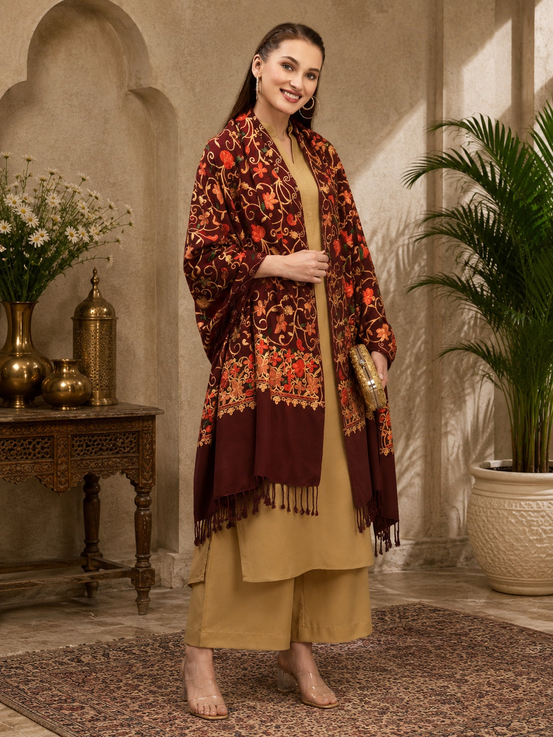 Weavers Villa Designer Acrylic Kashmiri Shawl Embroidery Stole, 70cm x 200cm