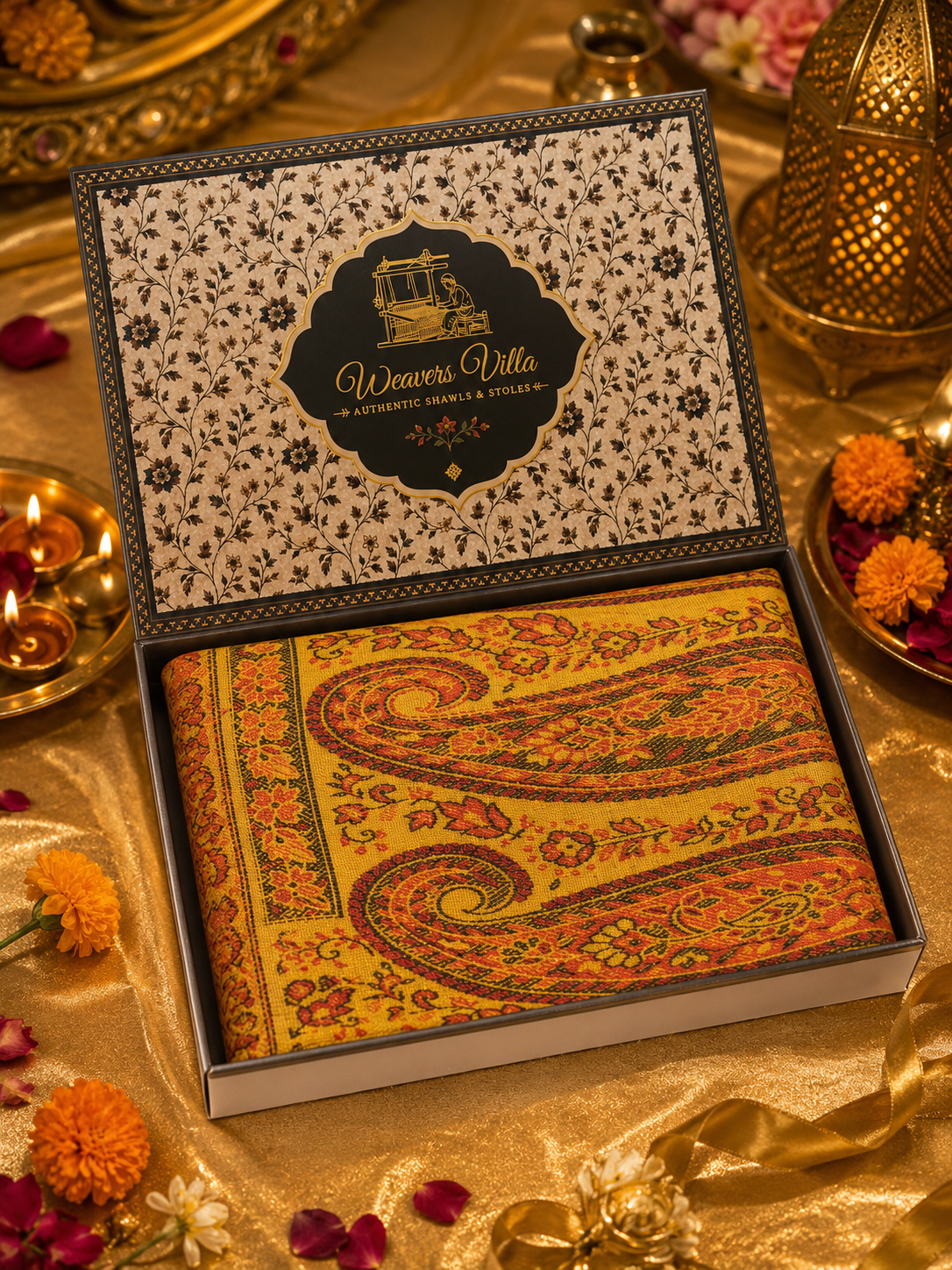Weavers Villa Women’s Mustard Elegant Paisley Shawl | Soft & Stylish Wrap with Premium Gift Box Packaging