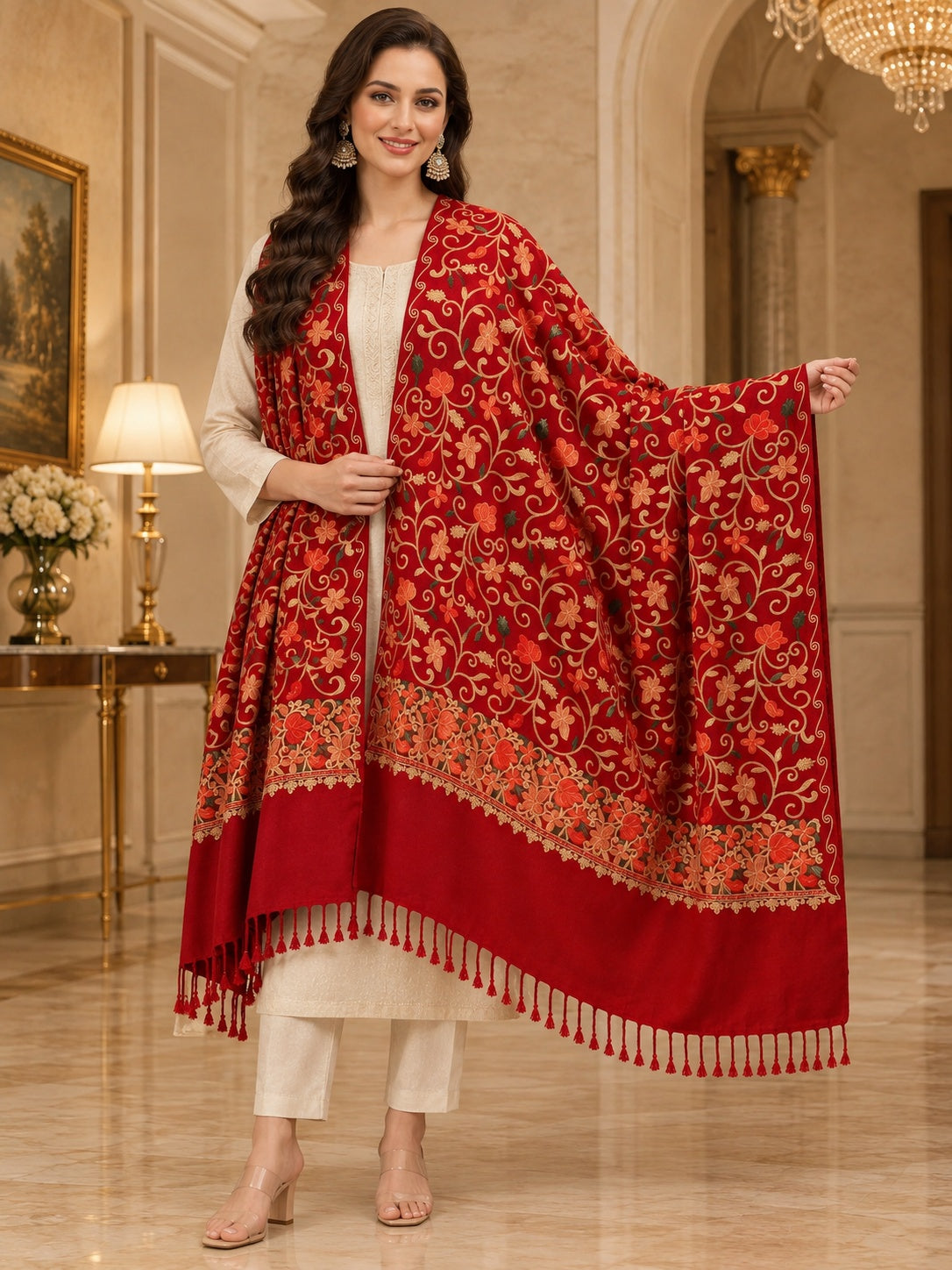 Weavers Villa Designer Acrylic Kashmiri Shawl Embroidery Stole, 70cm x 200cm