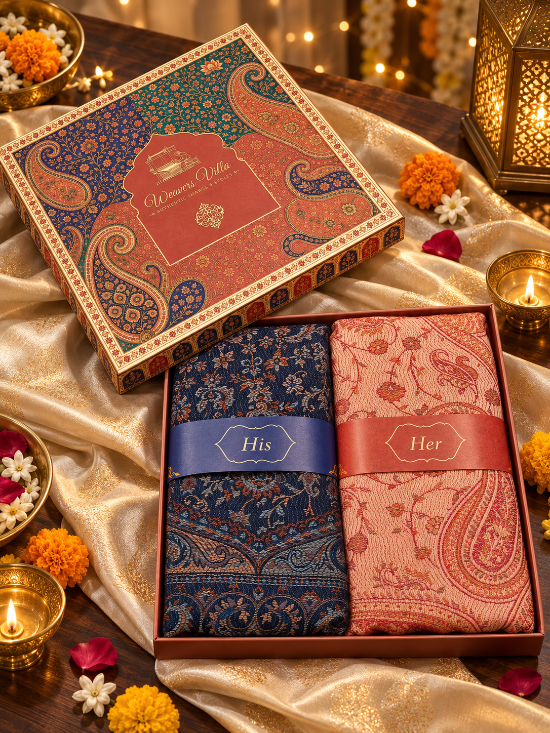 Navy Blue and Peach Paisley Shawl Gift Box Set For Men & Women