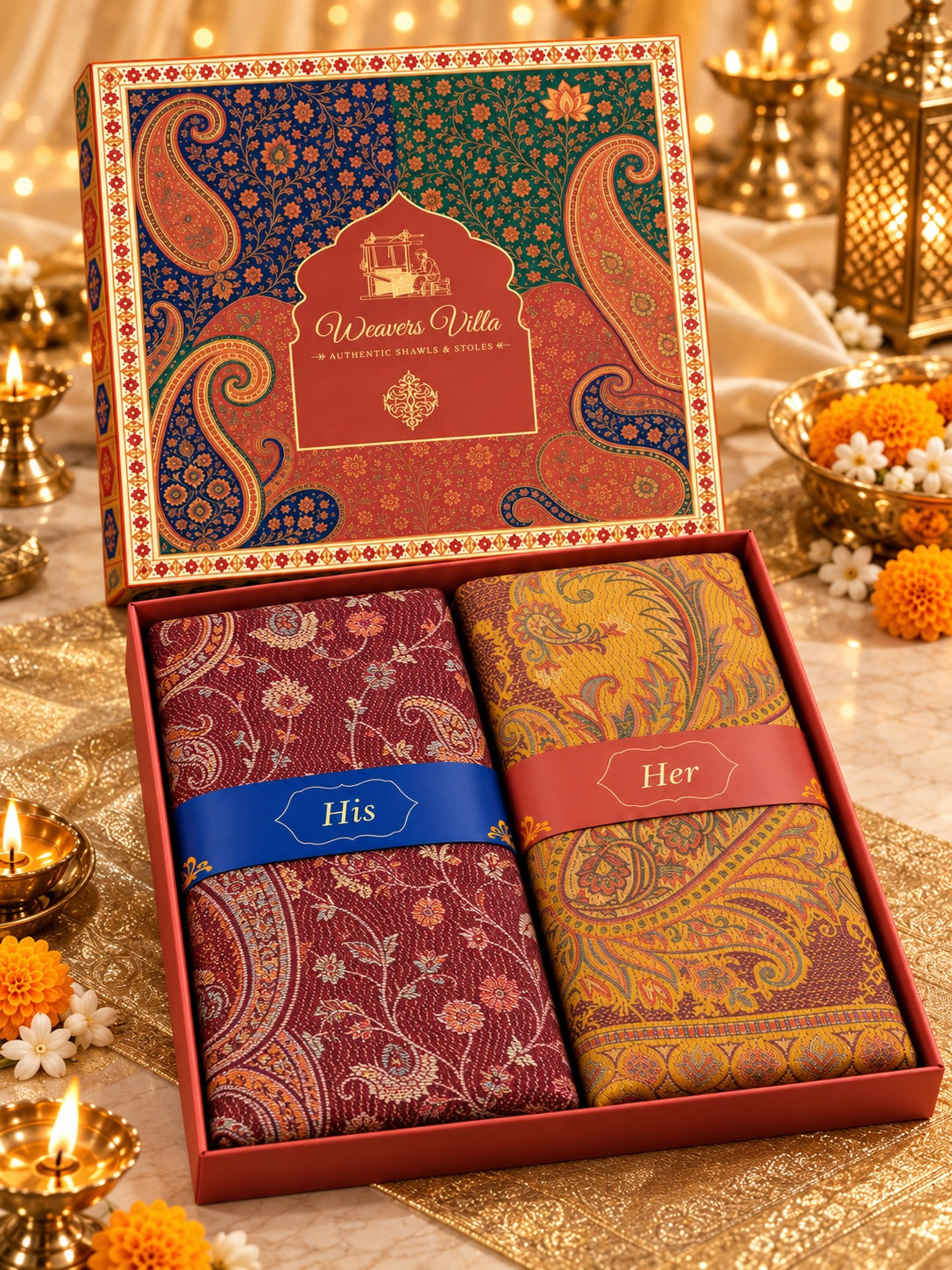 Wine and Mustard Paisley Shawl Gift Box Set For Men & Women