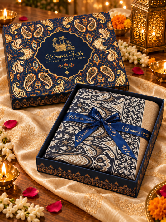 Elegant Paisley Shawl with Gift Box — Navy Blue Contrast