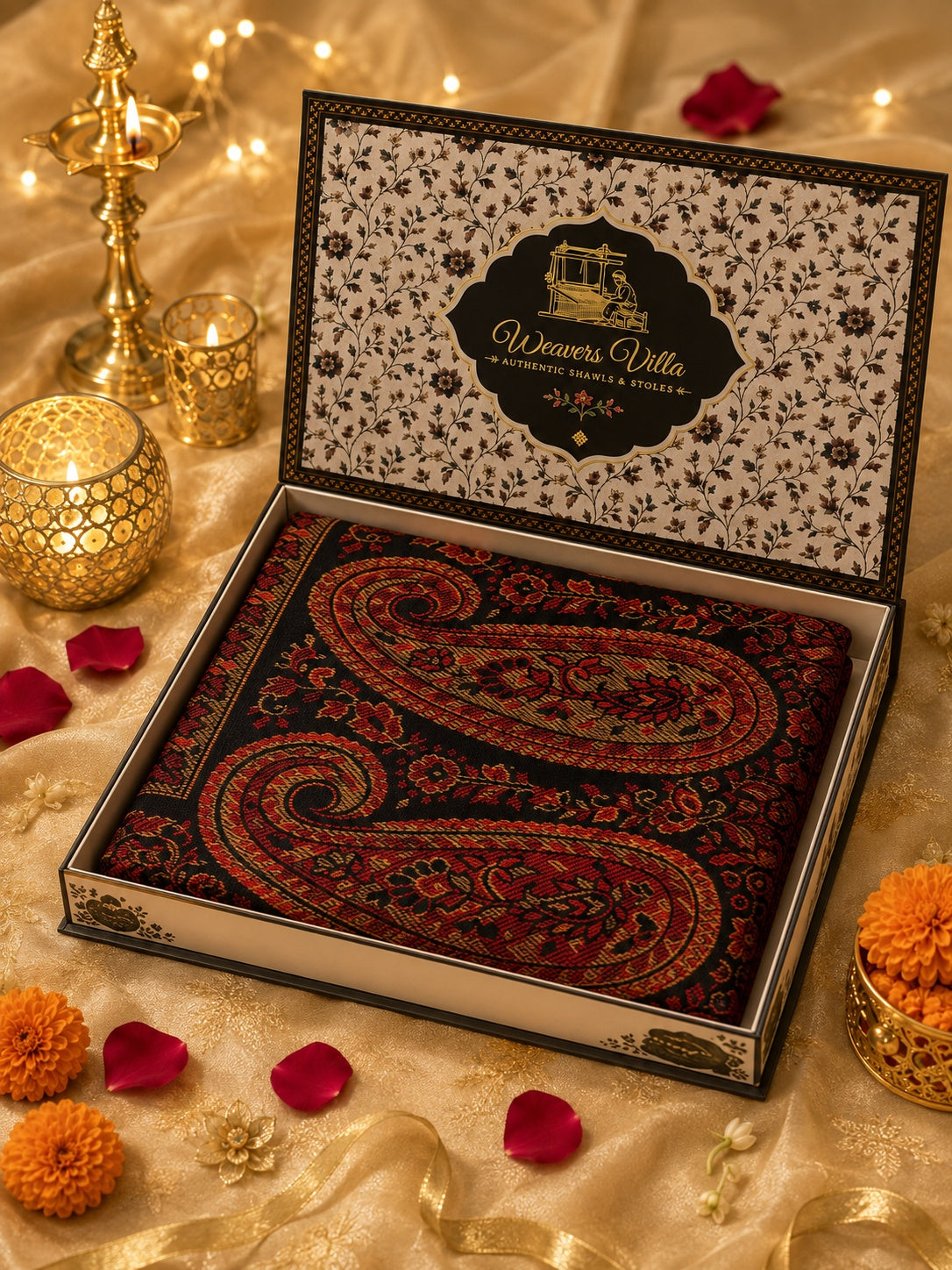 Weavers Villa Women’s Black Elegant Paisley Shawl | Soft & Stylish Wrap with Premium Gift Box Packaging