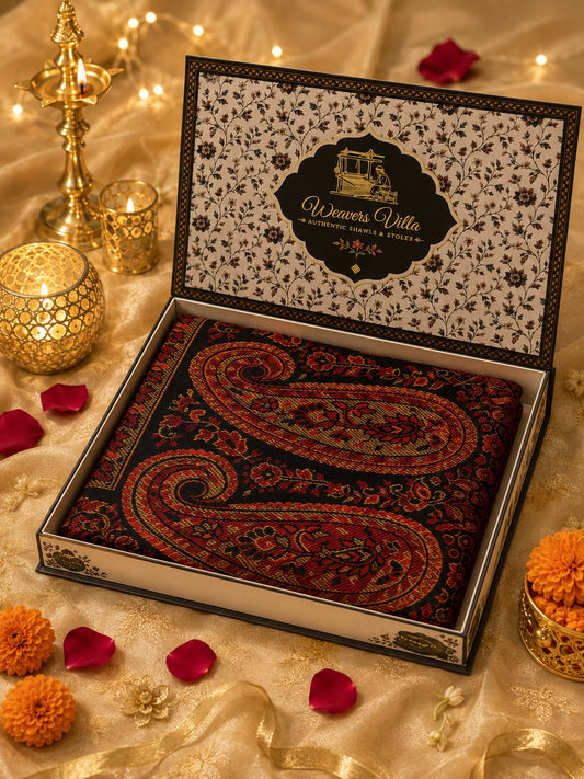 Weavers Villa Black Elegant Paisley Shawl | Soft & Stylish Wrap with Premium Gift Box Packaging