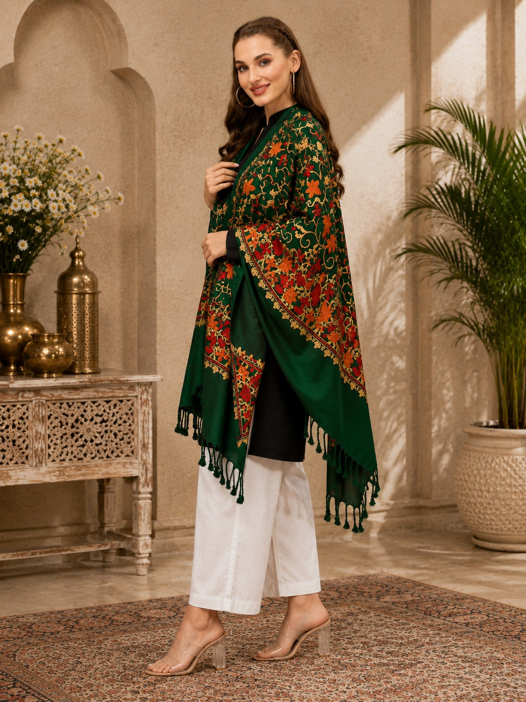 Weavers Villa Designer Acrylic Kashmiri Shawl Embroidery Stole, 70cm x 200cm