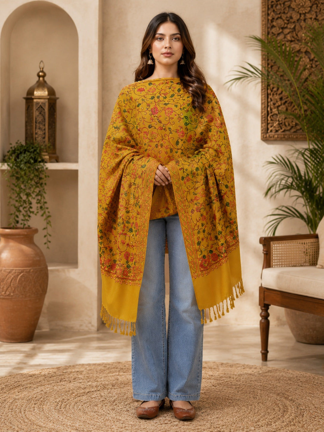 Weavers Villa Designer Acrylic Kashmiri Shawl Embroidery Stole, 70cm x 200cm