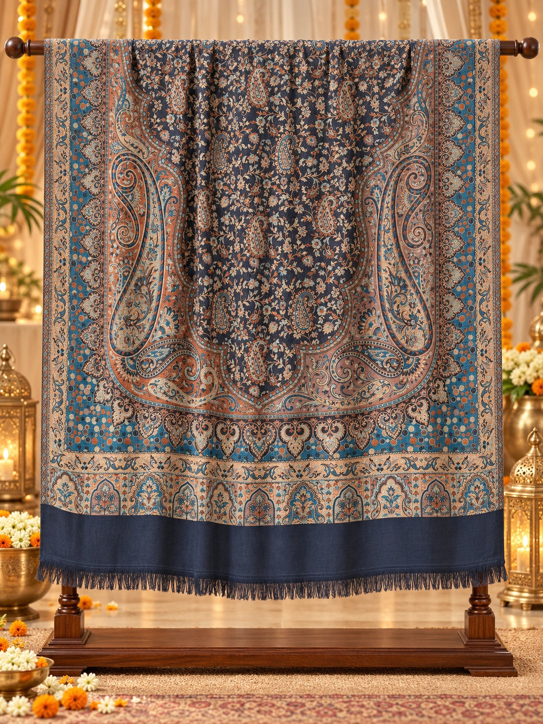 Navy Blue and Pista Paisley Shawl Gift Box Set For Men & Women