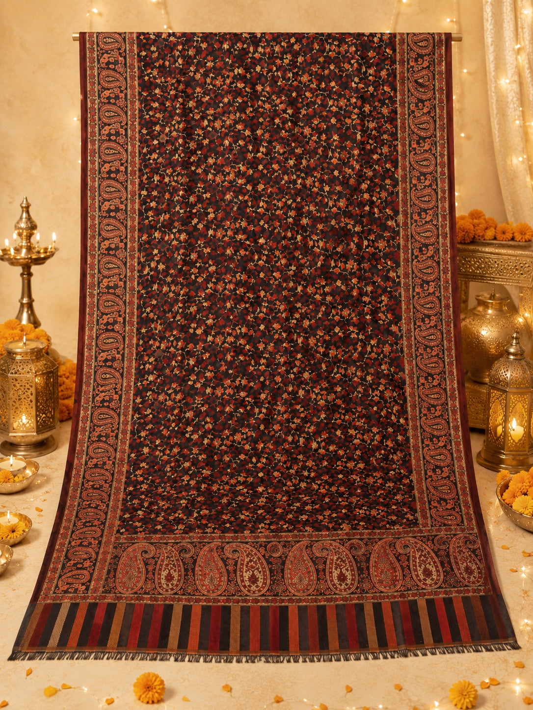 Weavers Villa Women’s Black Elegant Paisley Shawl | Soft & Stylish Wrap with Premium Gift Box Packaging