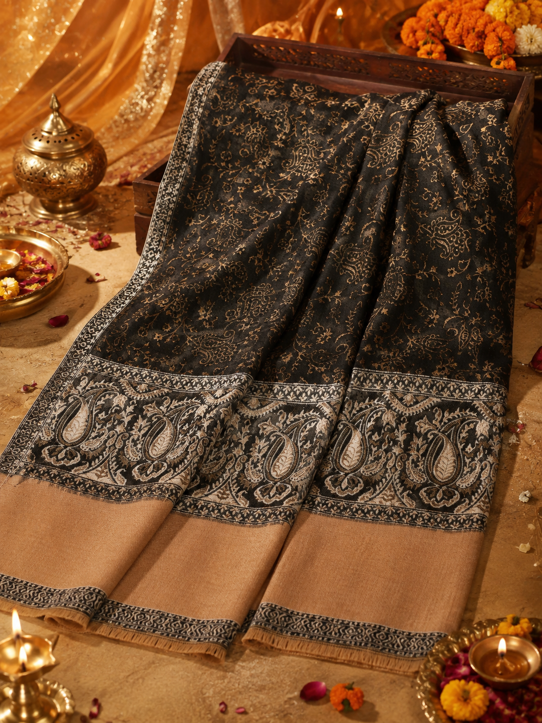 Weavers Villa Black Elegant Paisley Shawl | Soft & Stylish Wrap with Premium Gift Box Packaging