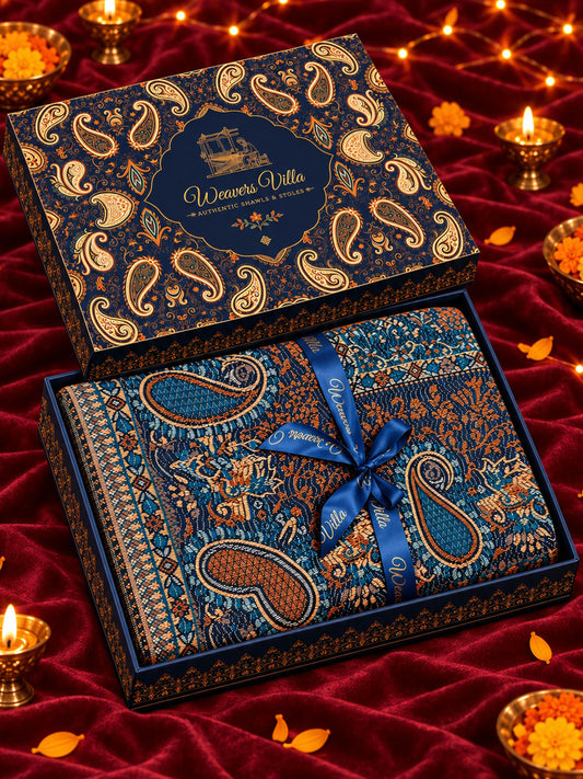 Pashmina Wool Shawl with Gift Box — Navy Blue