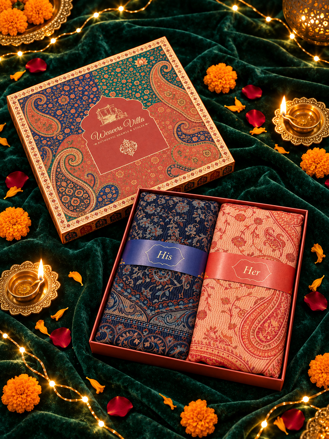 Navy Blue and Peach Paisley Shawl Gift Box Set For Men & Women