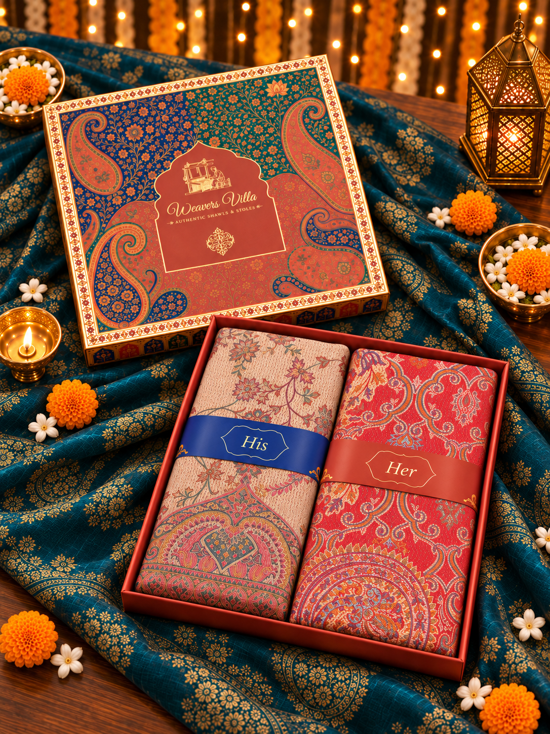 Beige and Red Paisley Shawl Gift Box Set For Men & Women