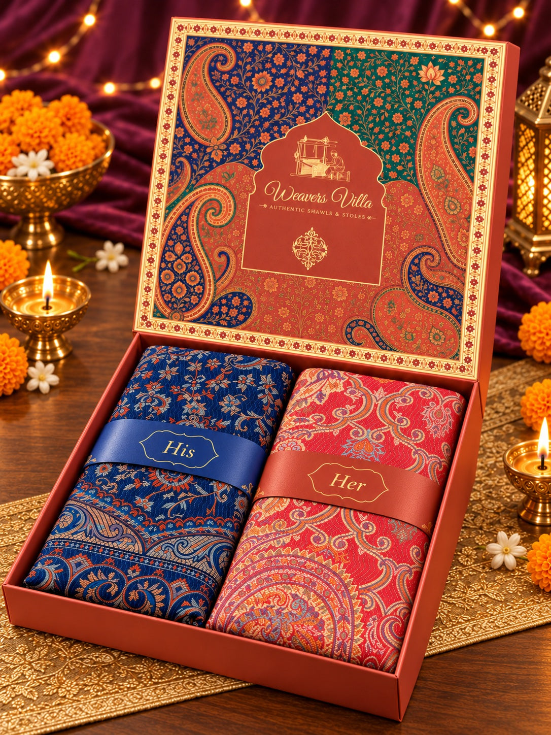 Navy Blue and Red Paisley Shawl Gift Box Set For Men & Women