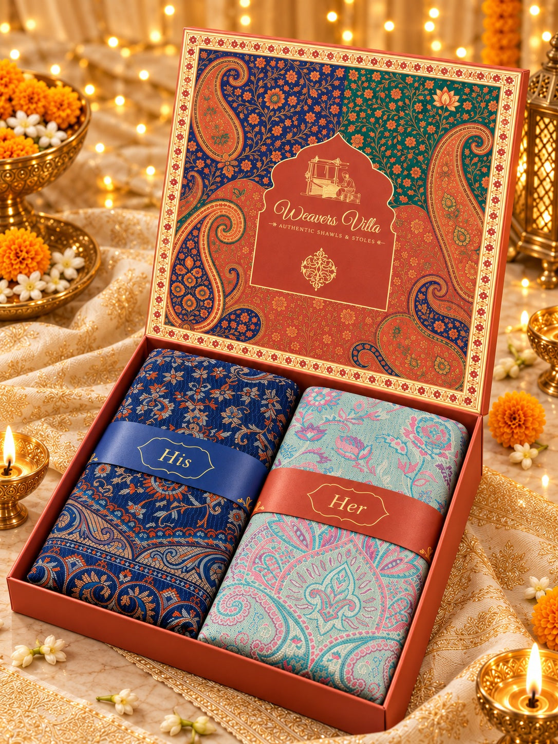 Navy Blue and Pista Paisley Shawl Gift Box Set For Men & Women