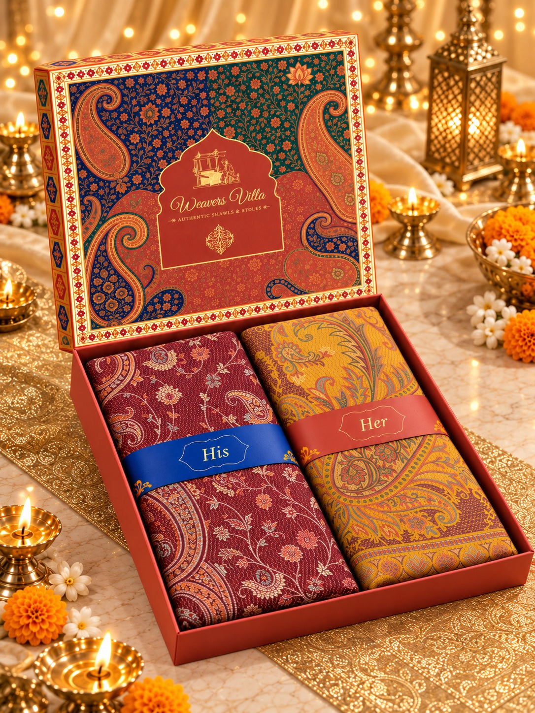 Wine and Mustard Paisley Shawl Gift Box Set For Men & Women