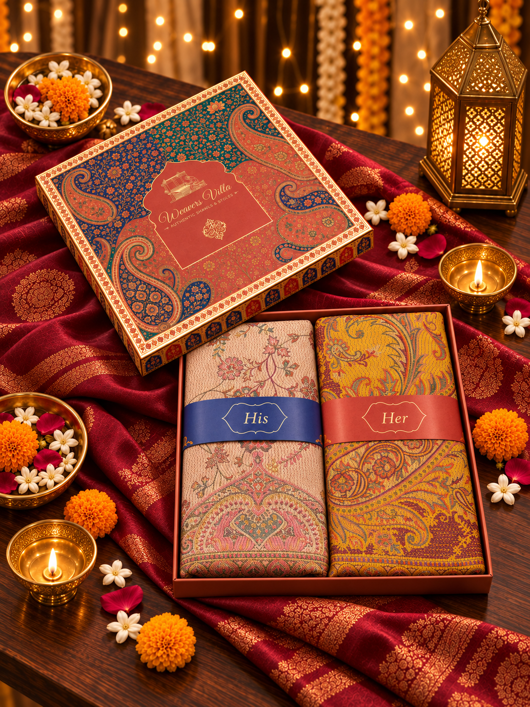 Beige and Mustard Paisley Shawl Gift Box Set For Men & Women