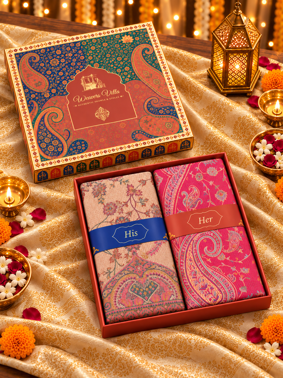 Beige and Rose Paisley Shawl Gift Box Set For Men & Women