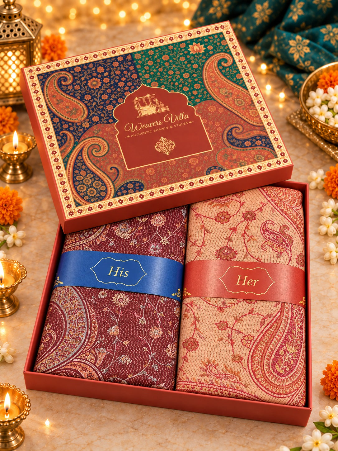 Wine and Peach Paisley Shawl Gift Box Set For Men & Women