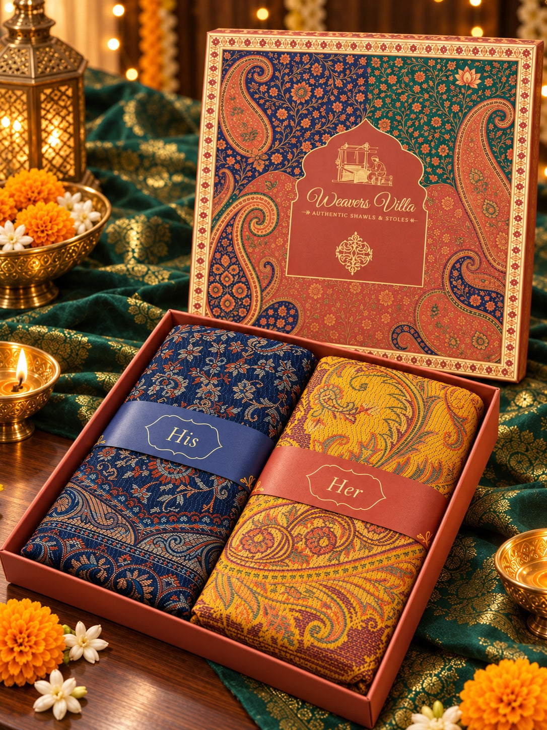 Navy Blue and Mustard Paisley Shawl Gift Box Set For Men & Women