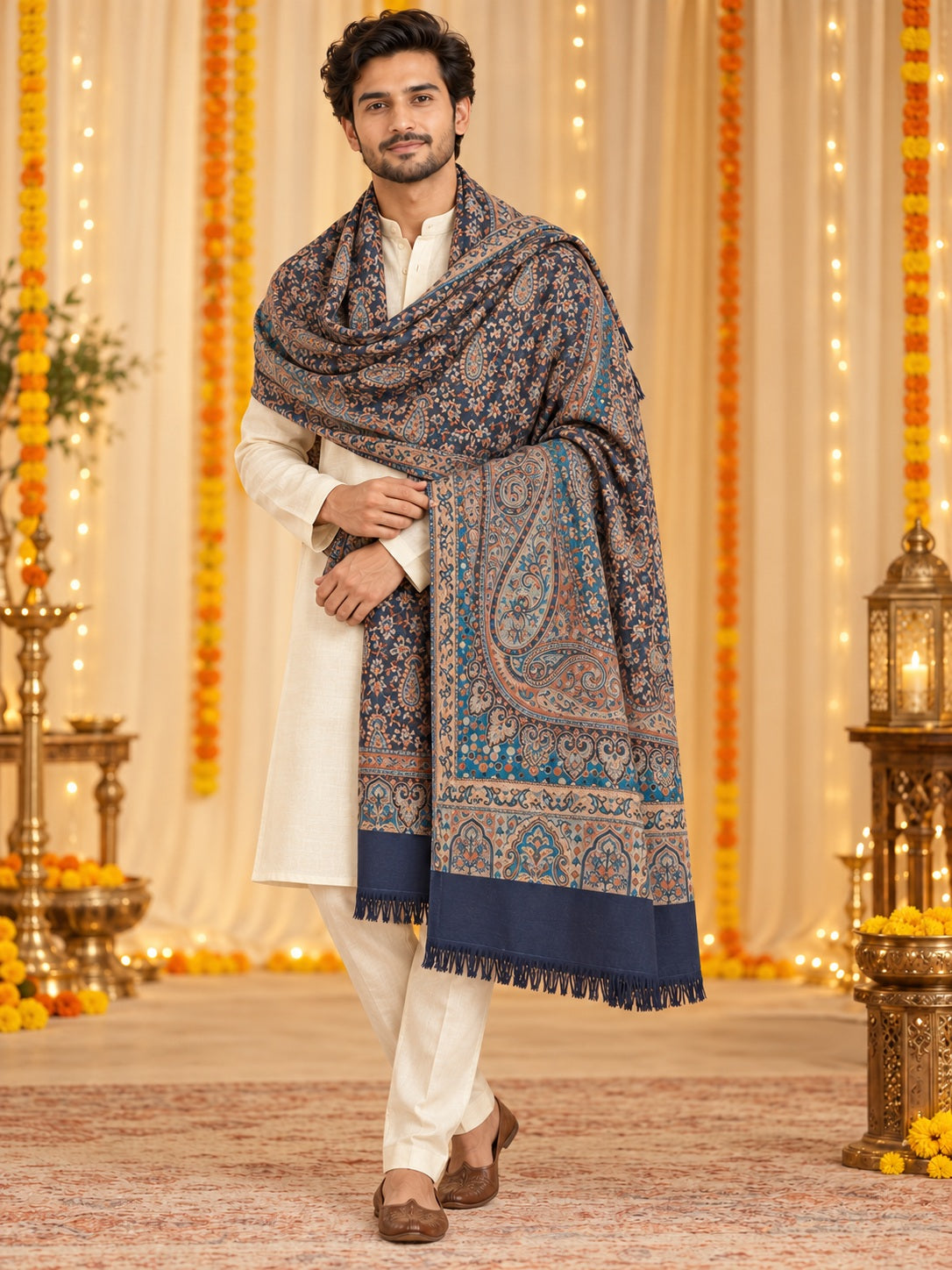 Navy Blue and Mustard Paisley Shawl Gift Box Set For Men & Women