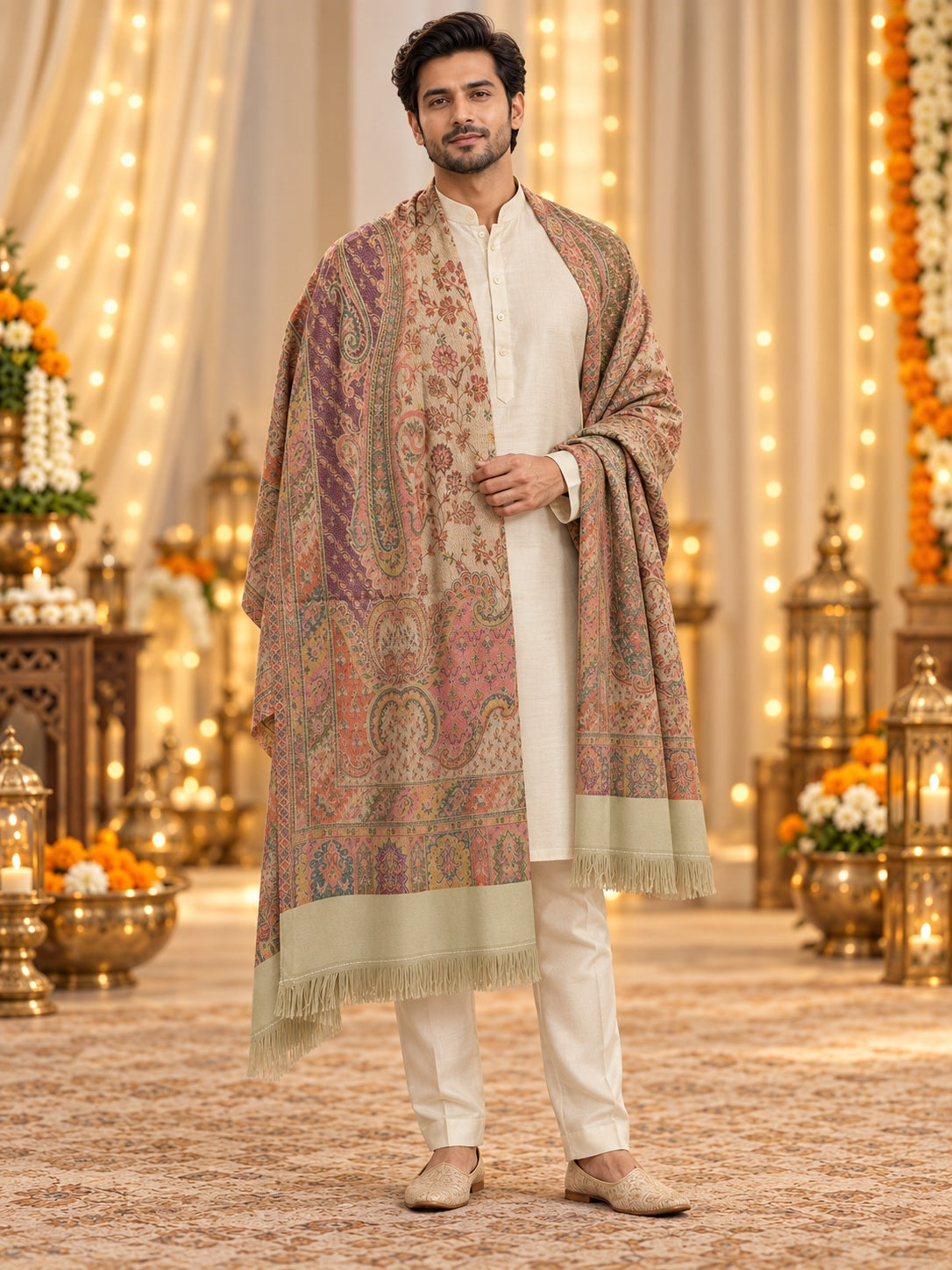 Beige and Mustard Paisley Shawl Gift Box Set For Men & Women