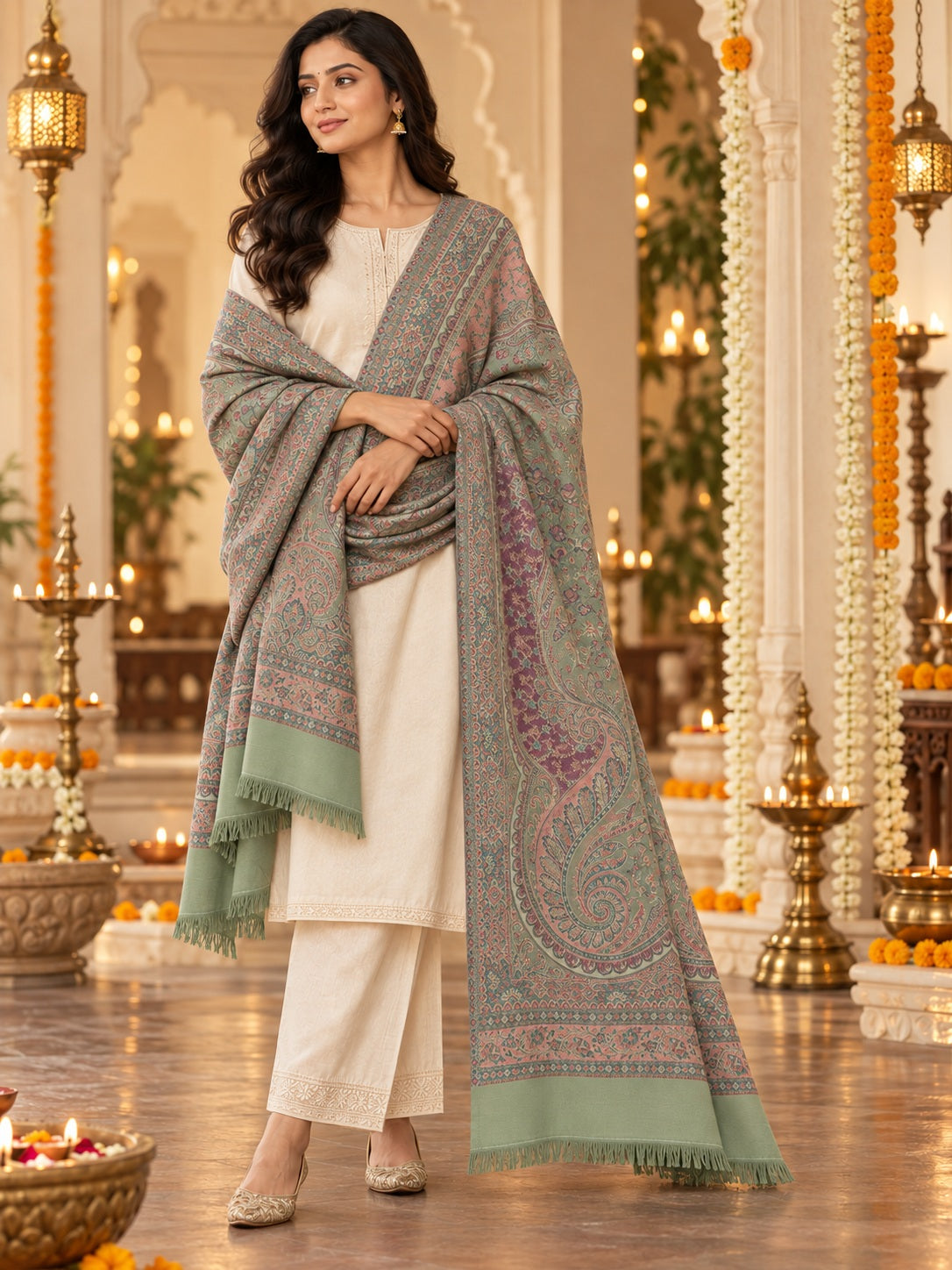 Beige and Pista Paisley Shawl Gift Box Set For Men & Women