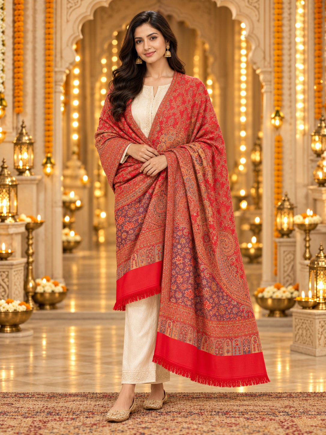 Beige and Red Paisley Shawl Gift Box Set For Men & Women
