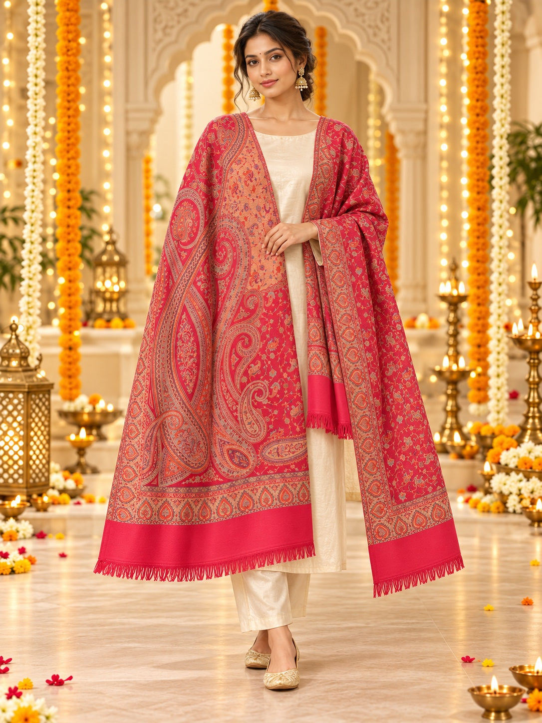 Beige and Rose Paisley Shawl Gift Box Set For Men & Women