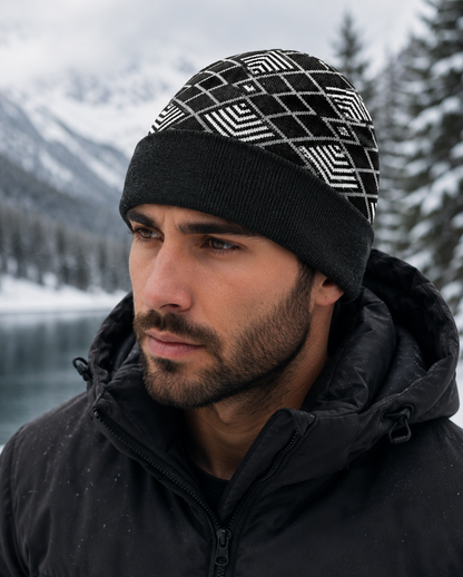 Weavers Villa Geometric Pattern Knitted Skull Cap with Ribbed Cuff for Men Soft Stretch Fit | Warm Ear Coverage | Lightweight Comfort | Easy Pull-On Wear