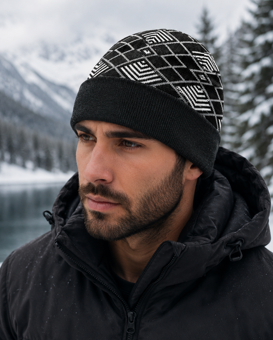 Weavers Villa Geometric Pattern Knitted Skull Cap with Ribbed Cuff for Men Soft Stretch Fit | Warm Ear Coverage | Lightweight Comfort | Easy Pull-On Wear