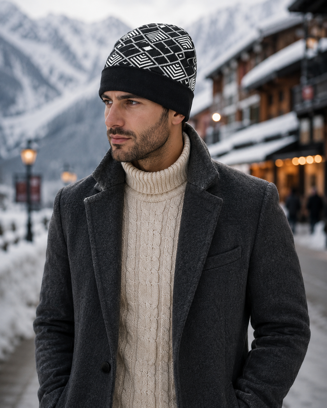 Weavers Villa Geometric Pattern Knitted Skull Cap with Ribbed Cuff for Men Soft Stretch Fit | Warm Ear Coverage | Lightweight Comfort | Easy Pull-On Wear