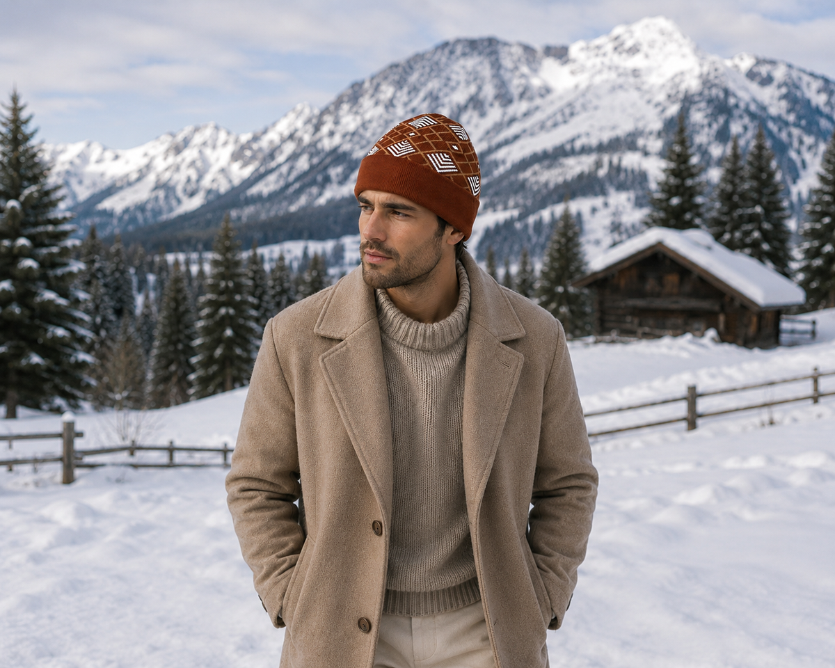 Weavers Villa Geometric Pattern Knitted Skull Cap with Ribbed Cuff for Men Soft Stretch Fit | Warm Ear Coverage | Lightweight Comfort | Easy Pull-On Wear