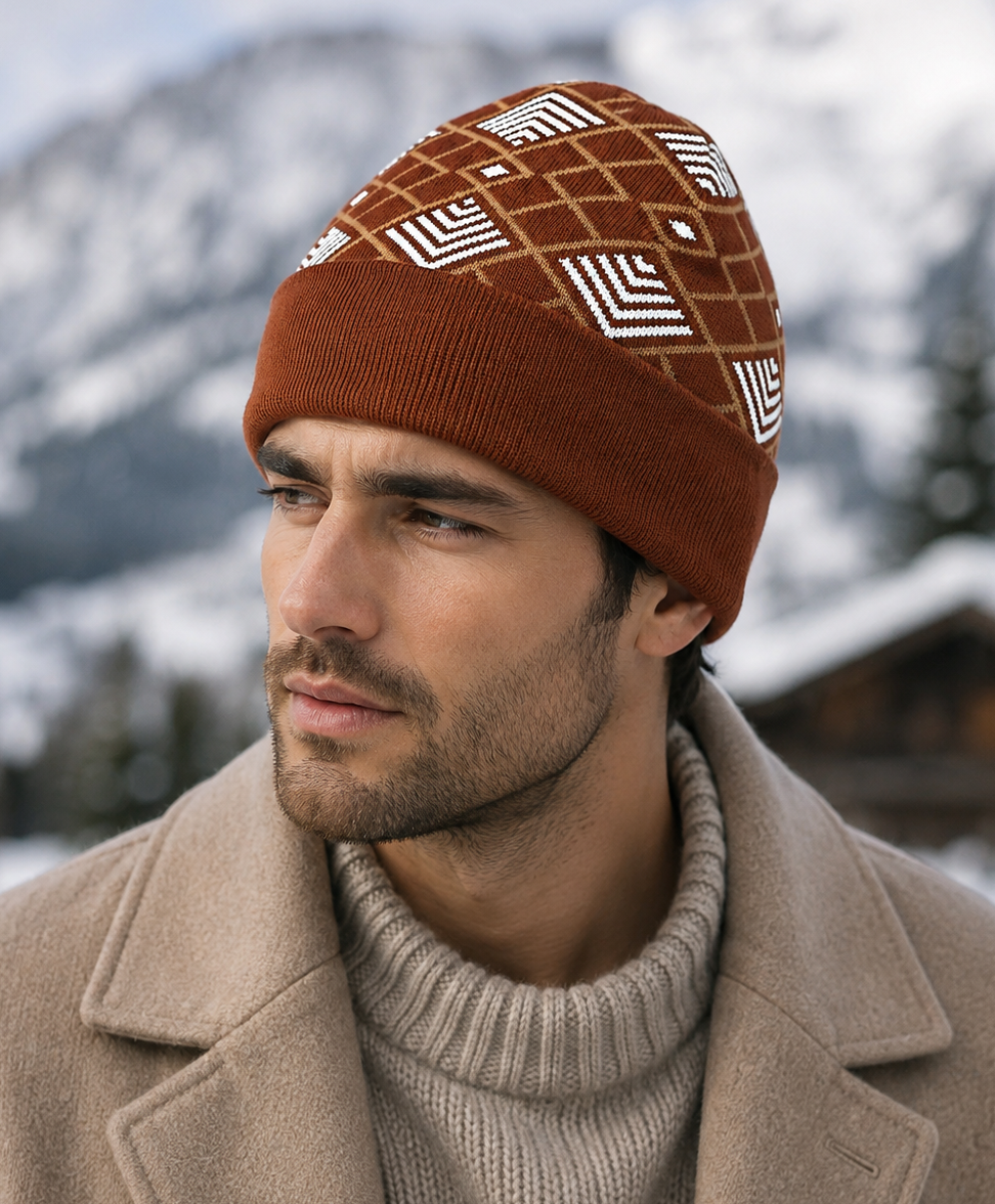 Weavers Villa Geometric Pattern Knitted Skull Cap with Ribbed Cuff for Men Soft Stretch Fit | Warm Ear Coverage | Lightweight Comfort | Easy Pull-On Wear