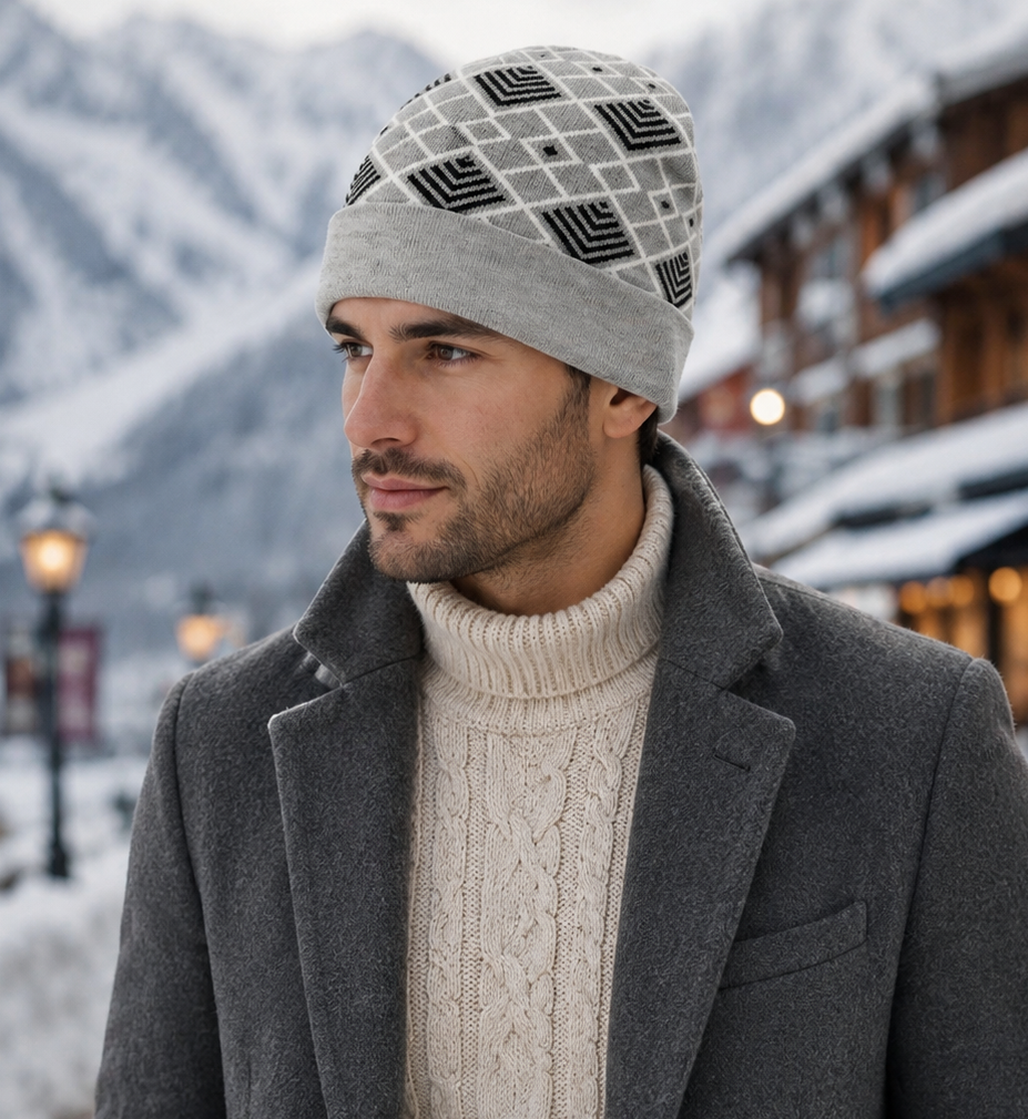 Weavers Villa Geometric Pattern Knitted Skull Cap with Ribbed Cuff for Men Soft Stretch Fit | Warm Ear Coverage | Lightweight Comfort | Easy Pull-On Wear