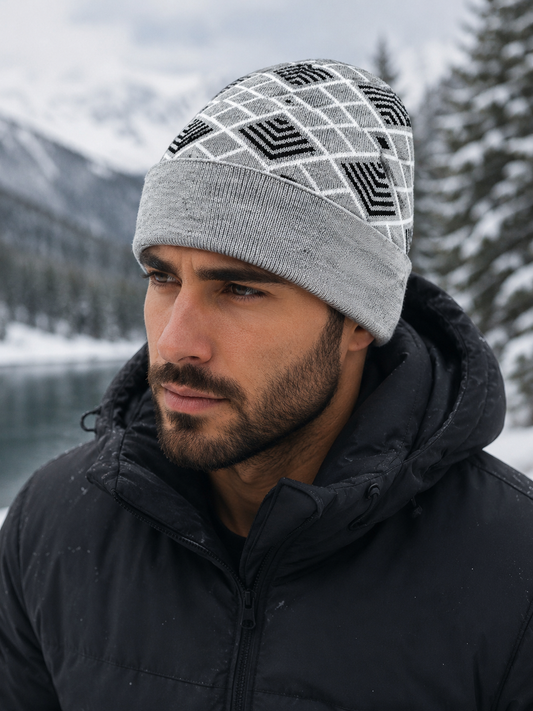 Weavers Villa Geometric Pattern Knitted Skull Cap with Ribbed Cuff for Men Soft Stretch Fit | Warm Ear Coverage | Lightweight Comfort | Easy Pull-On Wear